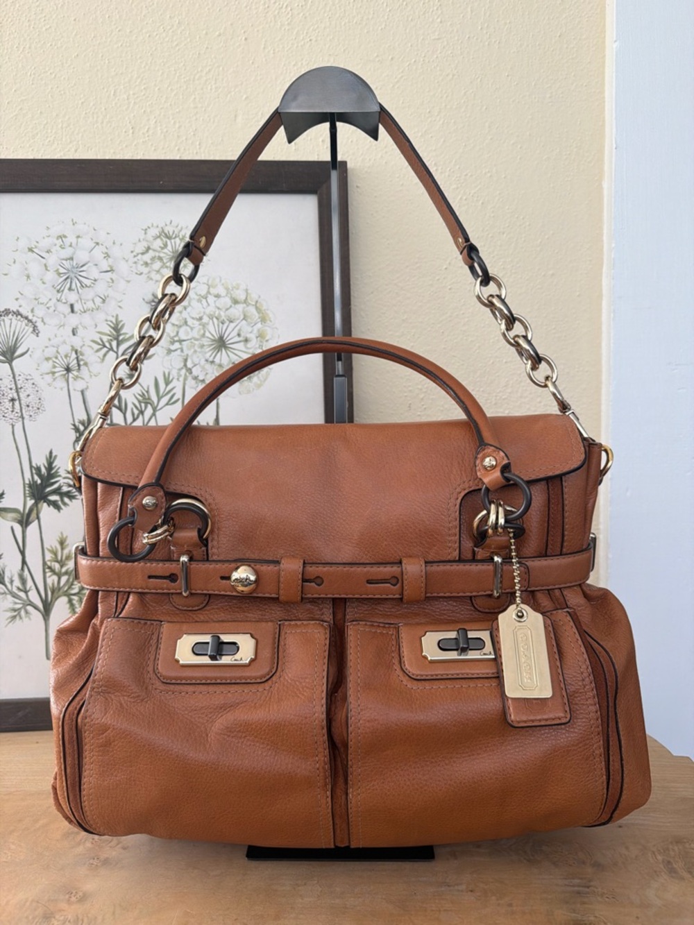 Coach Cognac Brown Leather Shoulder Bag with Gold-Tone Hardware
